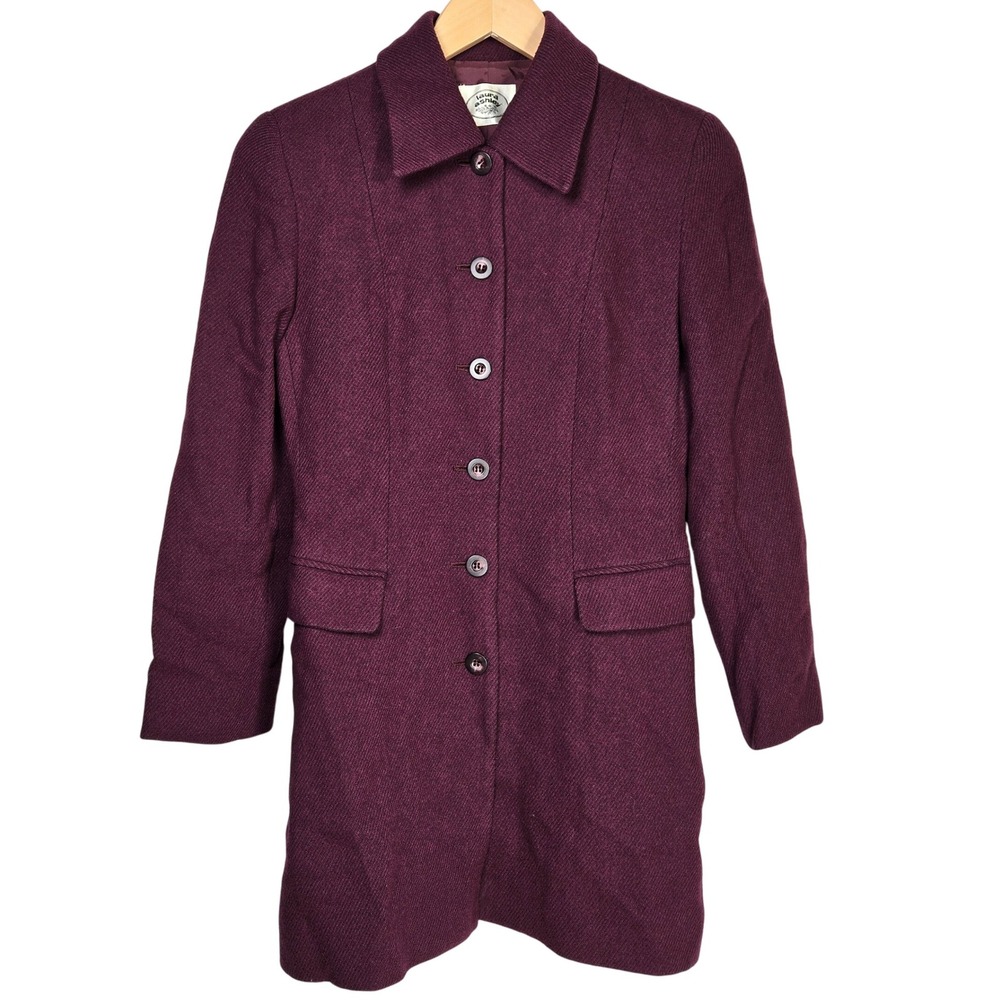Vintage Laura Ashley Burgundy Herringbone Wool Blend Button Front Long Over Coat